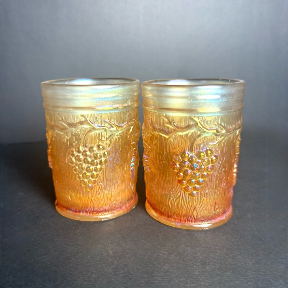 Vintage Set Of 2 Dugan Carnival Glass Marigold Vineyard Faux Bois 4" Tumbler